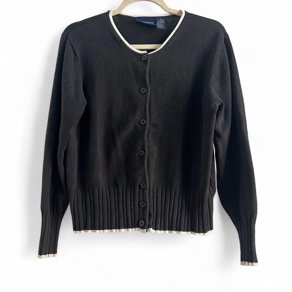 Vintage Liz Claiborne Black Cardigan White Trim Cotton 90s Y2K Knit Size Small